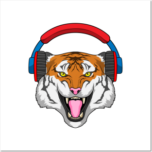 Tiger at Music with Headphone Posters and Art